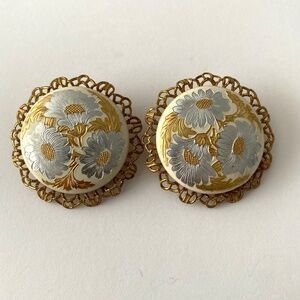 Vintage 60s Big Floral Silver Gold Plastic Filigree brass Clip-on